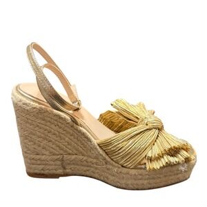 Loeffler Randall Gold Pleated Bow Espadrille Wedge Sandals Size 37